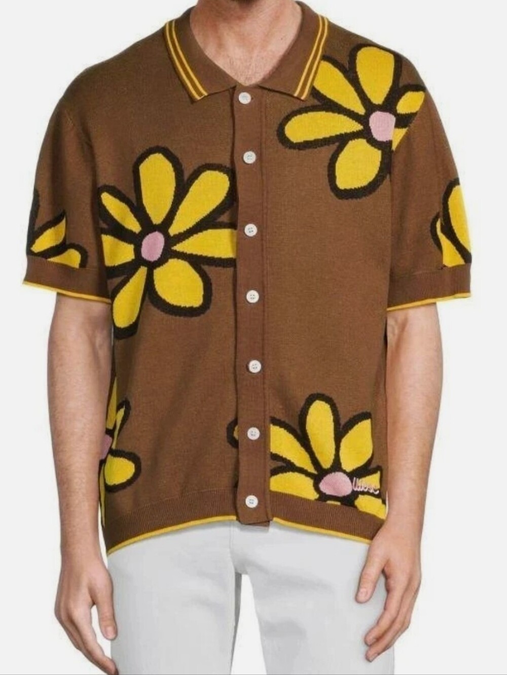NWT Unisex WESC Brown Button-Up Floral Knit Polo with Yellow & Pink Accents - Picture 5 of 10